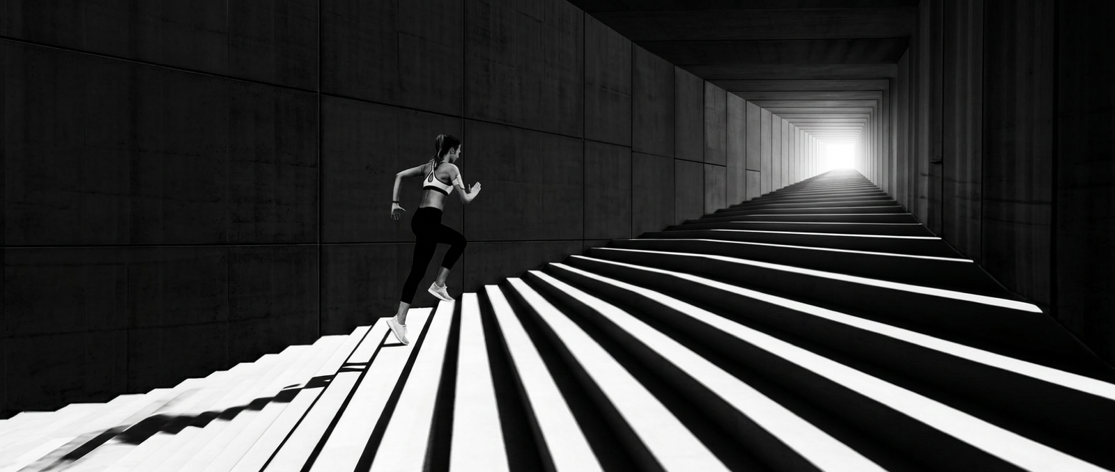 A woman running up an endless geometric staircase